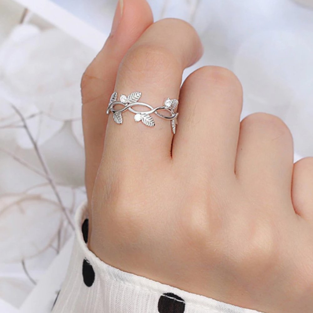 Silver leaf open cubic zirconia adjustable ring